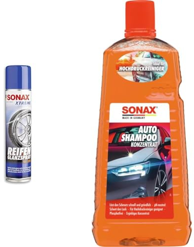 SONAX XTREME ReifenGlanzSpray Wet Look (400 ml) & AutoShampoo Konzentrat (2 Liter) durchdringt und löst Schmutz gründlich, ohne Angreifen der Wachs-Schutzschicht | Art-Nr. 03145410