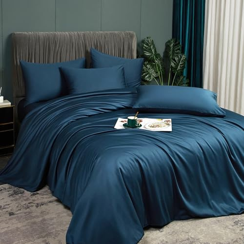 Luofanfei Parure de lit Bambou 240 x 260 Pétrole Adulte 2 Personnes Unie Lyocell Housse de Couette Soie Lisse Soyeux Brillant Ensemble Literie avec Fermeture éclair et 65x65cm Taies d'oreiller