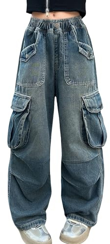 SEAUR Jeans flicka säckig cargobyxor multiväskor cargobyxor Y2K hip hop streetwear fritid barn jeans elastisk linning – 120–170 = (EU 110–164)