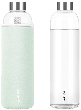 LOOFORE Bouteille en Verre 1 litre 1000ml, Sans BPA, anti-fuite, Gourde Reutilisable en Borosilicate, Bouteille d'eau en Verre pour Bureau, Sport, Camping, Enfants et les Adultes