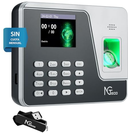 NGTeco Control Horario Empleados de Pequeñas Empresas en España, sin Necesidad de Conexión a Internet, con Función de Cálculo Automático, Reloj de Fichar con Huella AS10 (sin cuota mensual)