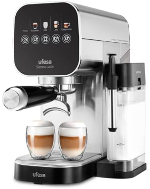 Ufesa Cafetera Espresso Sienna Latte 20 Bares con Panel Táctil – Sistema Thermoblock, 1360W, Vaporizador, Depósito de Leche 400ml, Depósito Agua 0.9L, Bandeja Calienta-Tazas, Diseño Compacto