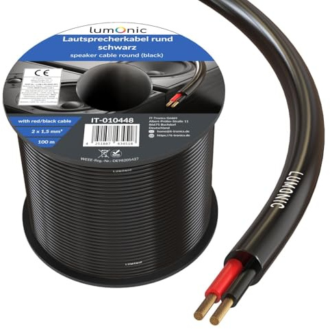 Lumonic Câble de haut-parleur 100m Noir | 2x 1,5mm² CCA | Câble pour enceintes hi-fi | Câble rond audio | Professionnel AP Installation- Audio- Câble rond