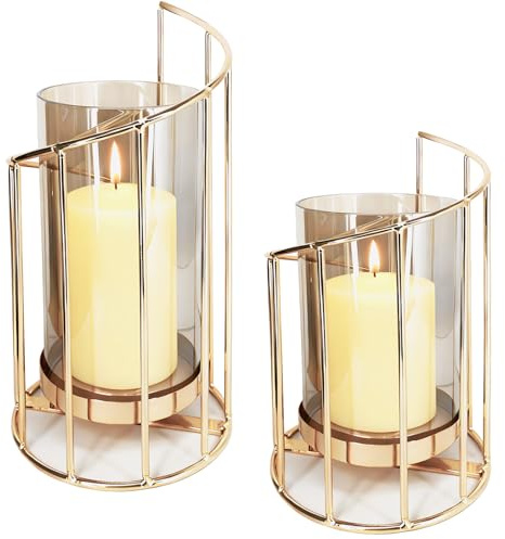 Coco Berming 2 Pieza Metal Vidrio Pilar Candelabros, Cilindro de Cristal con Base de Metal para Velas Apto Decoración Mesas en Interiores Exteriores (Oro)