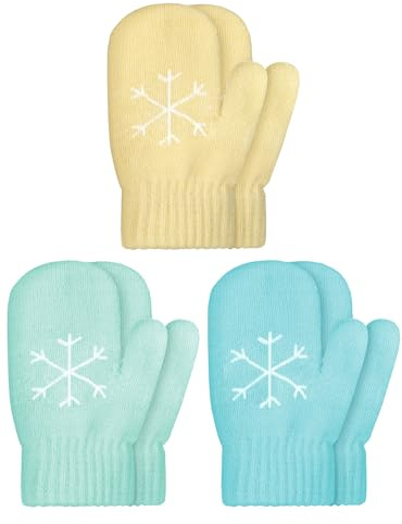 SATINIOR 3 Pairs Toddler Magic Stretch Mittens Little Girls Knit Mitten Baby Boys Soft Winter Knitted Gloves(Yellow, Blue and Green,4-8 Years,Snowflakes)
