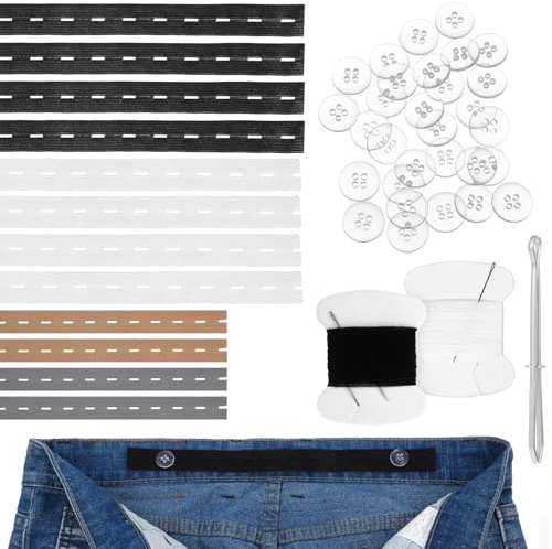Ouligay 12 PCS Adjustable Elastic Pants Waist Tightener Kids Jean Waist Extender for Trousers Pants Button Tightener with 30 Buttons, 2 Sewing Kit &1 Thread Hook 4 Colors