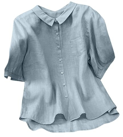 Cotton Linen Tops for Women 3/4 Sleeve Peter Pan Collar Flowy Shirts with Pocket Solid Blouses Casual Loose Fit Tees