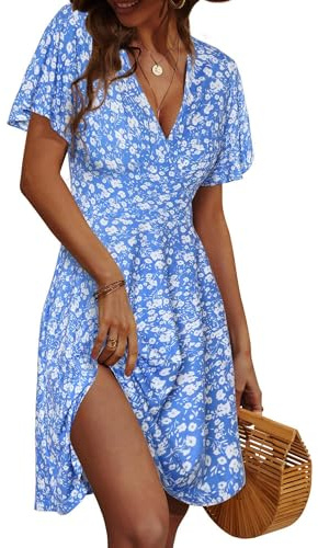 UUAISSO Robe Décontractée pour Femme col V Cache-cœur Robe Fleurie Manches Courtes Robe Midi D'été Trapèze