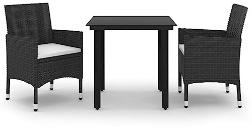 pokgdf Set da pranzo da giardino con polyrattan e vetro, 3 pezzi Gruppo da pranzo in rattan PE per esterni con telaio in acciaio, mobili da giardino con cuscini e piano in vetro per terrazza e
