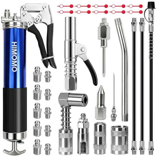 HIMOMO Pompe à Graisse 6000 PSI, Kit 33 Pièces pour Cartouches 400 g/14 oz avec Coupleur à Levier Simple, Flexibles, Aiguilles, Buses, Adaptateurs et Graisseurs