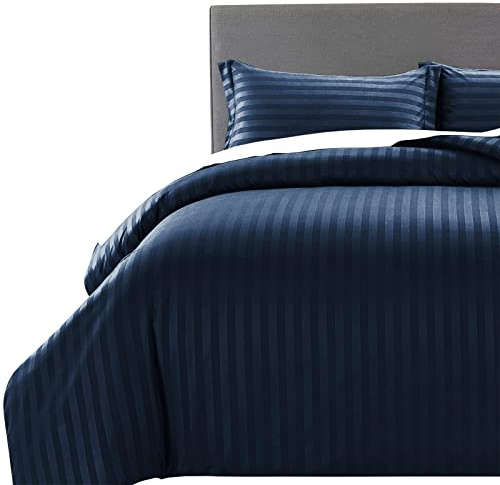 MOONLIGHT20015 Juego de funda de edredón tamaño Super King, juego de ropa de cama de satén a rayas de calidad de hotel con 2 fundas de almohada, suaves y transpirables (azul marino, Super King)