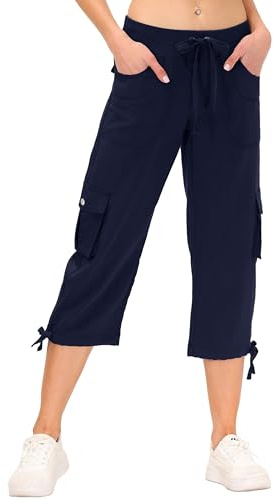 JINSHI Pantalons Femme Pantacourt Cargo d'été 3/4 Long Capri Pantalon avec Plusieurs Poches Bleu Marine L