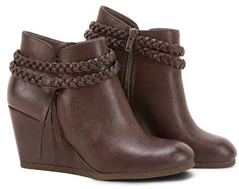 Fashare Womens Wedge Ankle Boots Braided Fringe Strap Western Heeled Fall Booties Dress Shoes,Dark Brown, Size 8