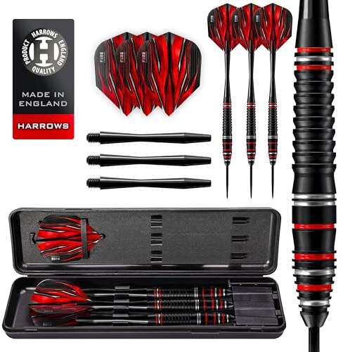 Harrows Fire High Grade Alloy Steel Tip Dart-set 21 g, 22 g, 23 och 24 g - Inkluderar svarta Speedline-axlar, brandflyg och resväska (24, gram)