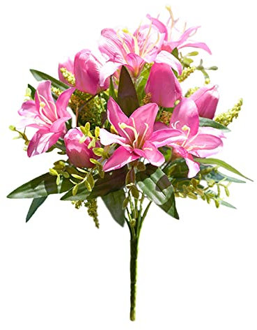 Panonw Confezione da 2 bouquet di tulipani artificiali di giglio, realistico, decorazione floreale in finta seta, per casa, ufficio, feste, cimiteri, rosa