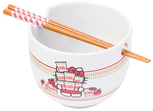 Silver Buffalo Hello Kitty Nissin Ceramic Ramen Bowl with Chopsticks, 20 Ounces