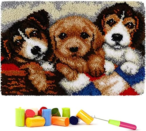 Myriad Choices Latch Hook Rug Kit, DIY Latch Hook Dog Rug Making Kit for Adults Kids, Three Dogs, Cross Stitch Kit Carpet Making Cushion Needlework for Beginners, Home Decor