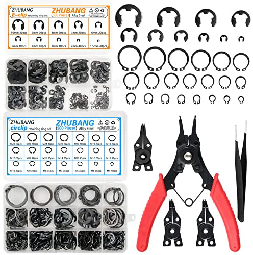 ZHUBANG 800Pcs C-clip External Retaining Rings Snap Rings Assortment Kit Circlip Alloy Steel(M4-M28) + E-clip Assortment Set(1.5mm-10mm) + 5Pcs Snap Ring Plier + Tweezer