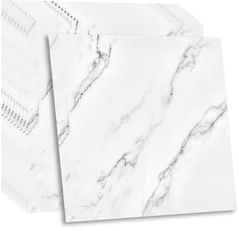 Fantasnight Marble Stick on Tiles 30 x 30cm 10Pcs, White Tile Stickers Self Adhesive Wall PET Peel and Stick Wall Glossy Stickers for Kitchen Bathroom