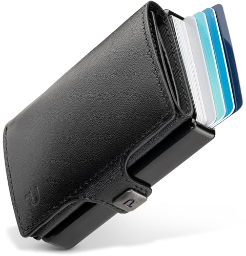 PURISTO KLIK Minimal Slim Wallet mit Münzfach - Mini Kartenetui und Geldbörse für Herren aus Echtleder - Kleiner Credit Card Holder mit RFID Schutz für 10-12 Karten - Schwarz