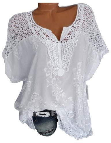 MeiLyviba Tunika Damen Große Größen Tshirt 3/4 Arm Spitze Shirtbluse Elegant Oversize Longshirt Lose Lagenlook Festliche V-Ausschnitt Tunika Hemd Longbluse Bluse Oberteile Tops