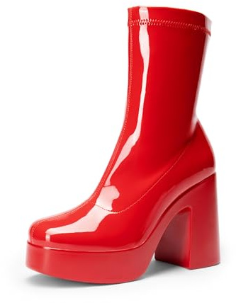 DREAM PAIRS Stivaletti da donna con plateau grosso, tacco alto, punta quadrata, leggeri, comodi, per feste, stivaletti da donna, Rosso-pat, 42 EU