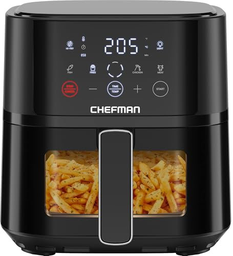 Chefman Heißluftfritteuse - 3,75 l kompakte Heissluftfritteuse für schnelle Mahlzeiten, mit Hi-Fry Technologie, Sichtfenster, Touch Controls, antihaftbeschichtet und spülmaschinenfest - Schwarz