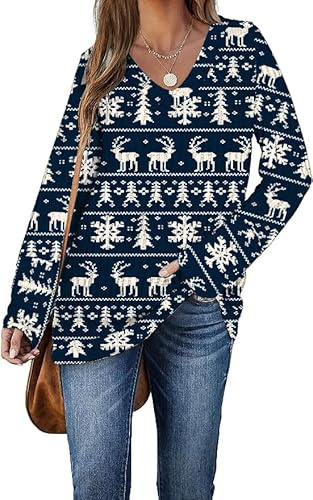 DUOEASE Pull de Noel Femme col en V Casual Manches Longues Sweatshirts Blau Elk L