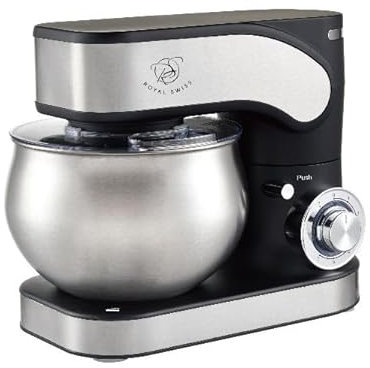 Royal Swiss Robot de Cuisine 1300W – Bol Inox 5L, Mouvement Planétaire, 6 Vitesses + Pulse, Fouet, Crochet à Pâte et Batteur Plat – Mixeur Puissant pour Pains, Gâteaux, Crèmes et Sauces