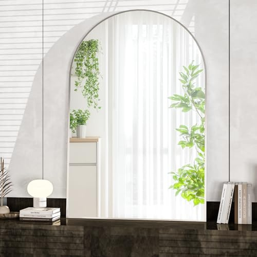 CASSILANDO Arched Mirror, 50×75cm Arched Bathroom Vanity Mirrors, Aluminum Alloy Frame, Wall Mounted for Living Room, Fireplace, Bedroom, Entryway, Silver