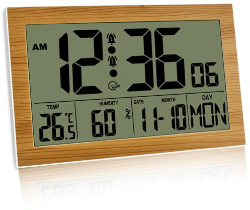 Chingcoo Horloge murale numérique radio-pilotée avec affichage de la température et de l'humidité - 20,1 x 12,4 cm - Humidité - Réveil 12/24 heures - Pour chambre à coucher, salon, bureau, école