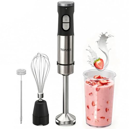 Topzee Stabmixer Set 1200W, 4-in-1 Pürierstab mit 15-stufiger Geschwindigkeitsregelung & Turbo-Taste, 304 Edelstahlklingen mit Spritzschutz, leiser Betrieb, spülmaschinengeeignetes Zubehör