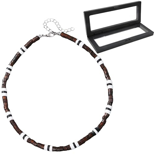 Verazquy Men's Surfer Necklace - Handcrafted Wooden Stone Bead Puka Shell Tribal Choker, Adjustable Beach Jewelry for Summer, Bohemian Style Gift Niche High Fashion Vintage for Him Boyfriend