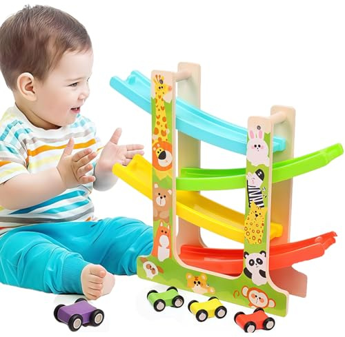 Circuit de Voiture en Bois avec 6 Petites Voitures, Rampe de Course Toboggan, Jouet d'Éveil Bébé 1 An 2 Ans, Cadeau Anniversaire Éducatif Montessori pour Fille et Garçon, Apprentissage Motricité