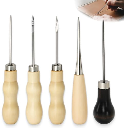 Icyowls 5 Pezzi punteruoli per Pelle con Manico in Legno, punteruolo per Cucire, Set di Aghi per forare, fustellare, Fai-da-Te, Riparazione di Pelle e Scarpe