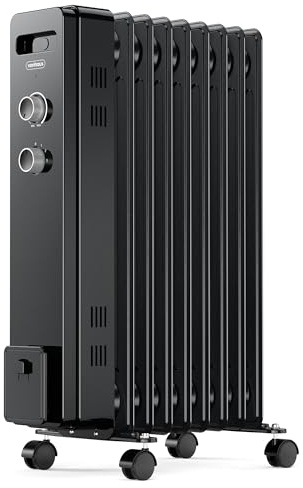 VonHaus Radiatore a Olio Elettrico 9 Elementi – Stufa ad Olio Portatile da 2000W, per Casa, Ufficio, Stanze – Termostato Regolabile, 3 Livelli di Calore, 4 Ruote, Cavo da 1,5 m (Nero)