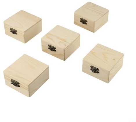 BlesConi Caja de almacenamiento de madera con tapa abatible y hebilla, paquete de 5 unidades para joyas, postales y objetos pequeños, 8 x 8 x 4,5 cm