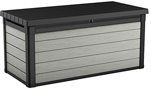 Keter Denali 150 Gallon Resin Large Deck Box with Double Wall 20mm Panels - Paintable and Drillable-Organization and Storage for Patio Furniture and Outdoor Items, Grey & Black