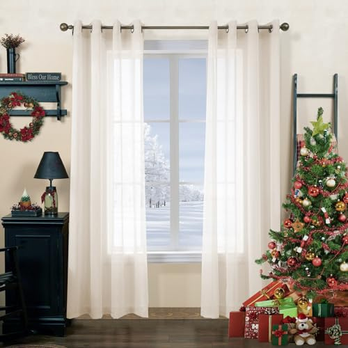 CUCRAF Net Curtains for Windows - Eyelet Curtains for Living Room & Bedroom, Voile Sheer Linen Curtains 90 drop pair, Wrinkle Resistant Solid Colour Curtains Easy to Clean and Machine Washable