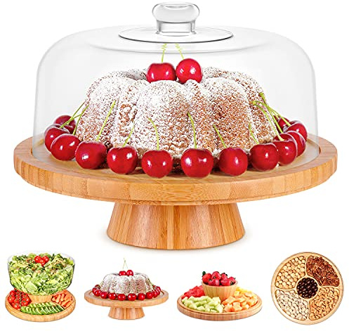 Homeries Bambus 6 in 1 Multifunktions Servierplatte Tortenständer mit Kuppel & Deckel