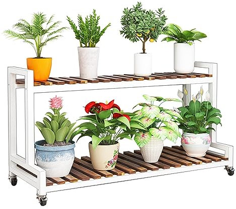 Porte Pots De Plante Cadre en Métal, Étagère pour Plantes Succulents, Peu Encombrant Tablettes Escalier Étagère De Fleur avec roulettes Étagère De Rangement pour L'intérieur Et L'extérieur