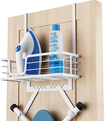 KES Over Door Ironing Board Holder with Metal Basket and Adjustable Hooks Fits 44MM Thickness Door, White Ironing Board Hanger Y-Leg & T-Leg, HIR501B-WH