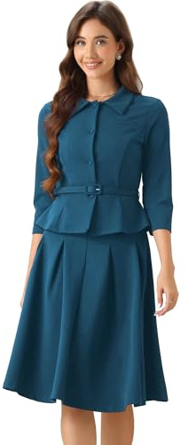 Allegra K Donna Set di Completi Gonna Lavoro Completi da in 2 Pezzi Giacca Blazer A Maniche Lunghe da Ufficio Gonne A Pieghe Lago Blu XS