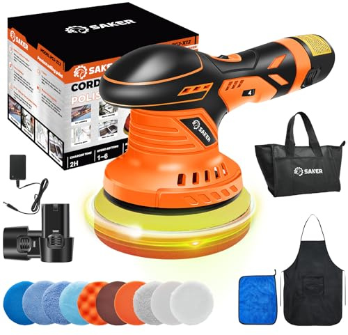 Saker Cordless Buffer Polisher, 6 Inch Fast Charging Portable Car Polishing Kit with 2PCS 12V 2000mAh Batteries, Polisher for Car Detailing Polishing Waxing (Orange, Buffer Polisher+2 Batteries+1 Bag)