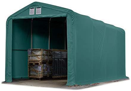 TOOLPORT Lagerzelt 4x8 m Zelthalle / 3,35 m Seitenhöhe reißfeste PVC Plane 850 N grün mit Statik (Erduntergrund)