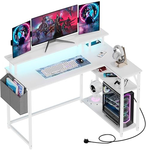 Yornoli Gaming Desk L Shaped Desk with Led Lights&Power Outlet 118CM Corner Office Gaming Desk for Small Spaces with Storage Shelves for Home Office Bedroom (White)