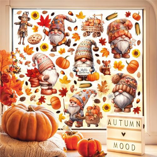 WALPLUS Autumn Window Stickers Clings Home Decorations Sale Clearance Removable Reusable Double-Sided Print Decals for Glass Living Room Windows Display Home Décor Autumn Gnomes with Pumpkins 148 Pcs