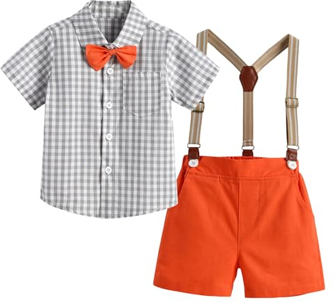Yimutian Ensemble Mariage Cérémonie Bébé Garçon Costume Gentleman Baptême de Mariage 4 pièces Manches Courtes Chemise + Shorts + Bretelles + Noeud Papillon Orange 2-3 ans