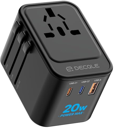 decqle Universal Travel Adapter, International Travel Plug Adapter with 2 USB-C(PD 20W) ＆ 1 USB-A Ports, All in One Portable Adaptor, for USA, UK, EU, AU ＆ 224+ Countries (Black)