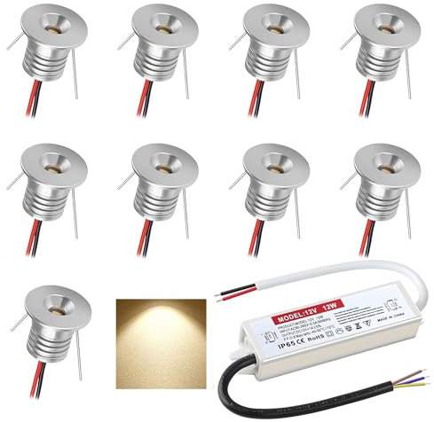 DYKUWEY Faretto da incasso 1W 9 pezzi Mini Luci da incasso 12V Faretto a LED per soffitto camera da letto Armadietto del bagno Scala per posto auto coperto (Argento Bianco Caldo 3000K)